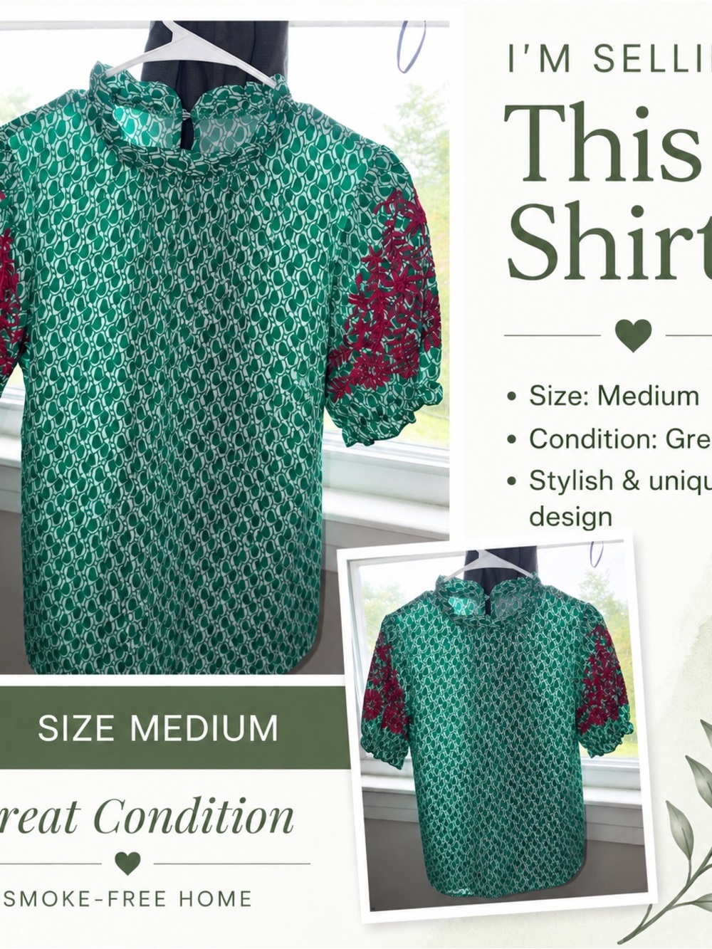 Womens Green Patterned Short-Sleeve Shirt with Red Accent